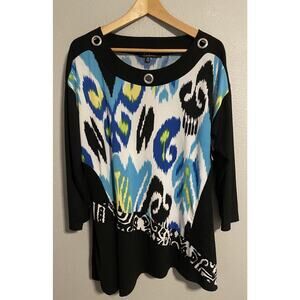 Calessa Womens Tunic Size 1X Colorful Abstract Stretch 3/4 Sleeve Grommet Artsy